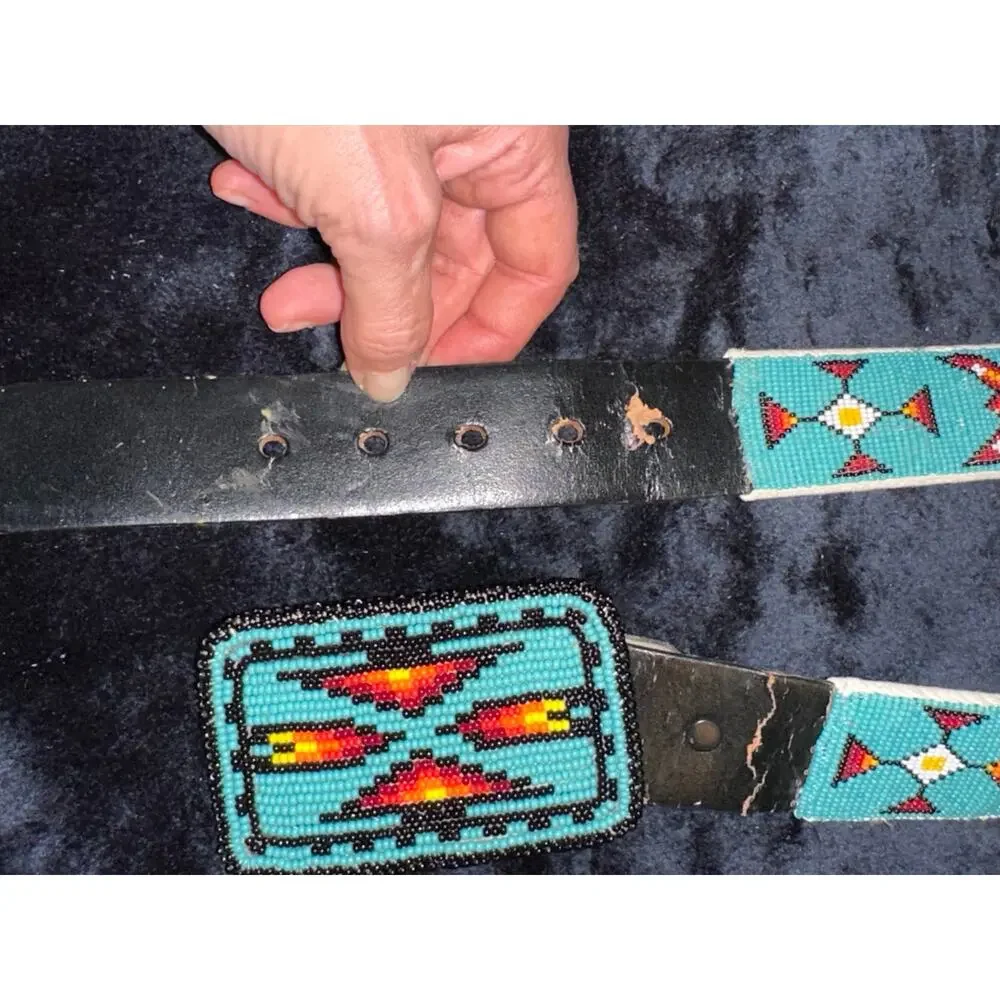 VINTAGE NATIVE TURQUOISE BEADED LEATHER BELT & MATCHING BUCKLE